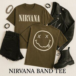 Nirvana Band Tee XL Olive Green Smiley Face Grunge Rock Graphic T-Shirt